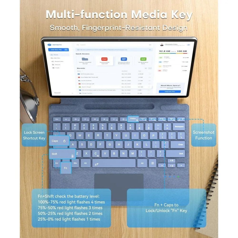 Omikamo Wireless Bluetooth Keyboard Touchpad Surface Pro 11 10 9 8 X Blue